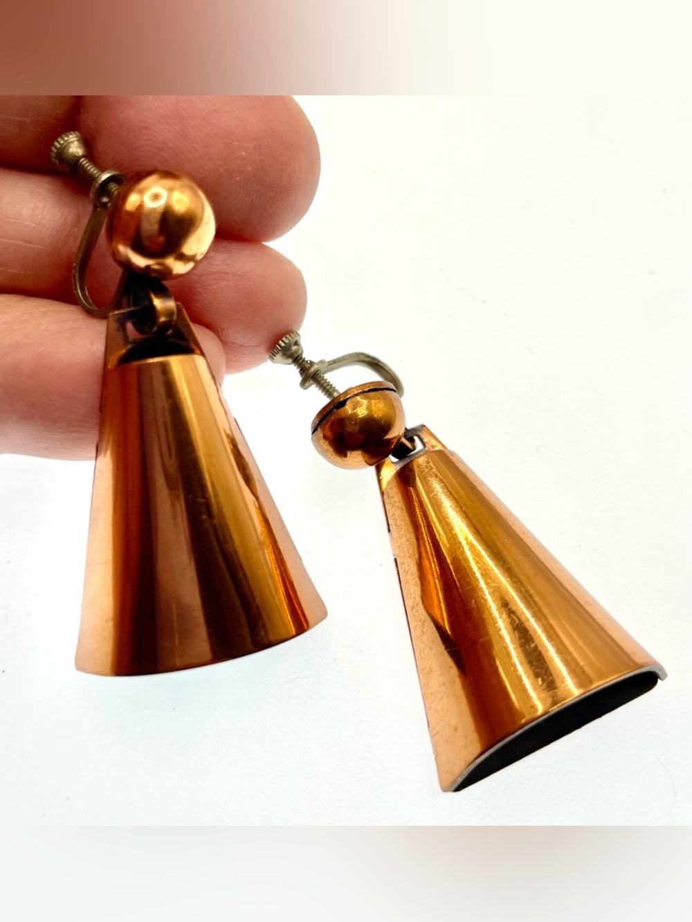 Vintage Copper Modernist Geometric Dangle Earrings Screw Back MCM Statement